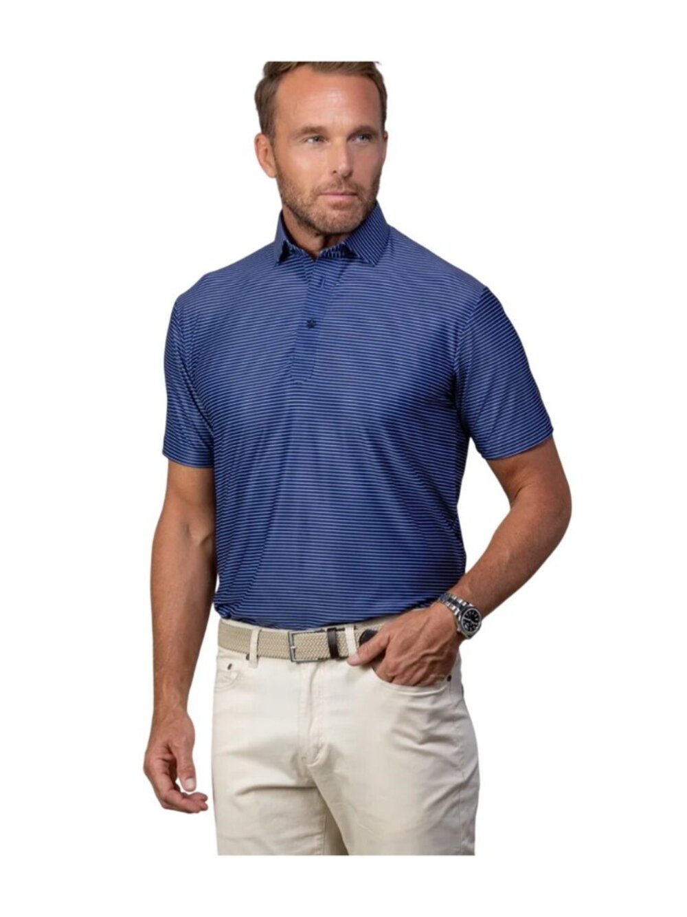Collars & Co Featherweight Flex Polo Shirt Sz‎ SM Sawyer Navy White Stripe